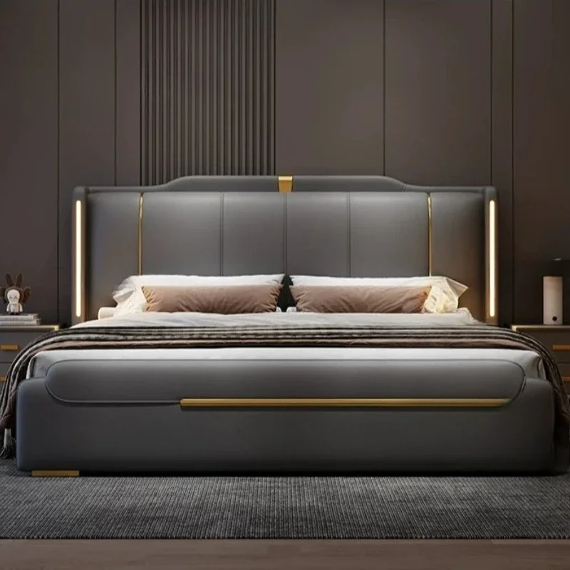 LSItalian style Affordable Luxury Genuine leather bed Modern Simple master bedroom High-End Atmospheric soft pack wedding bed