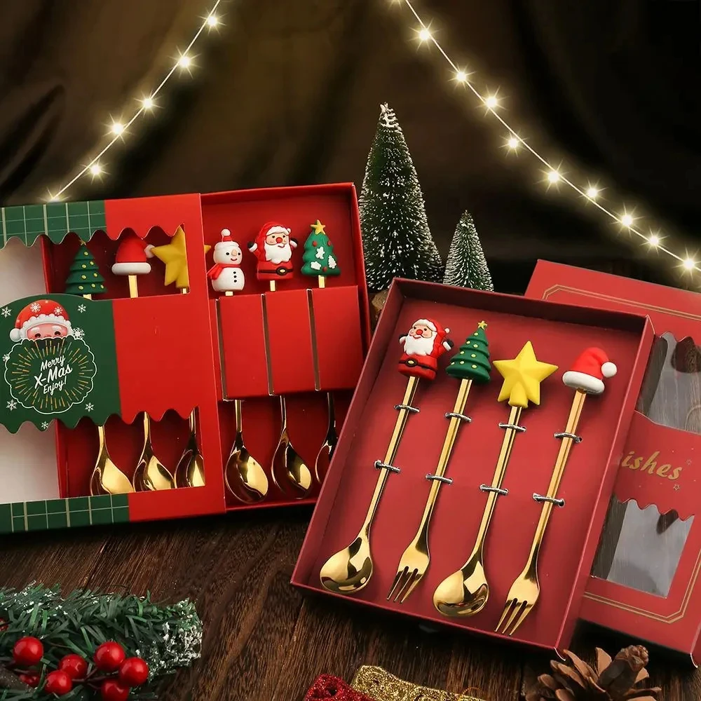 2 Piece Set Stainless Steel Coffee Spoon Creative Christmas Dessert Spoon Santa Claus Cake Fork Cartoon Elk Spoon Fork Gift Box