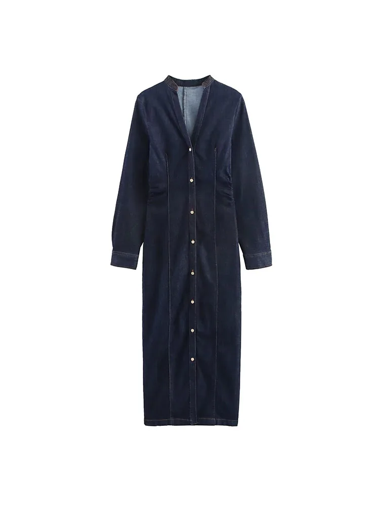 2025 frauen Herbst Denim Shirts Kleid Vintage Solide V-ausschnitt Langarm Dünne Weibliche Elegante Straße Plissee Kleider Kleidung