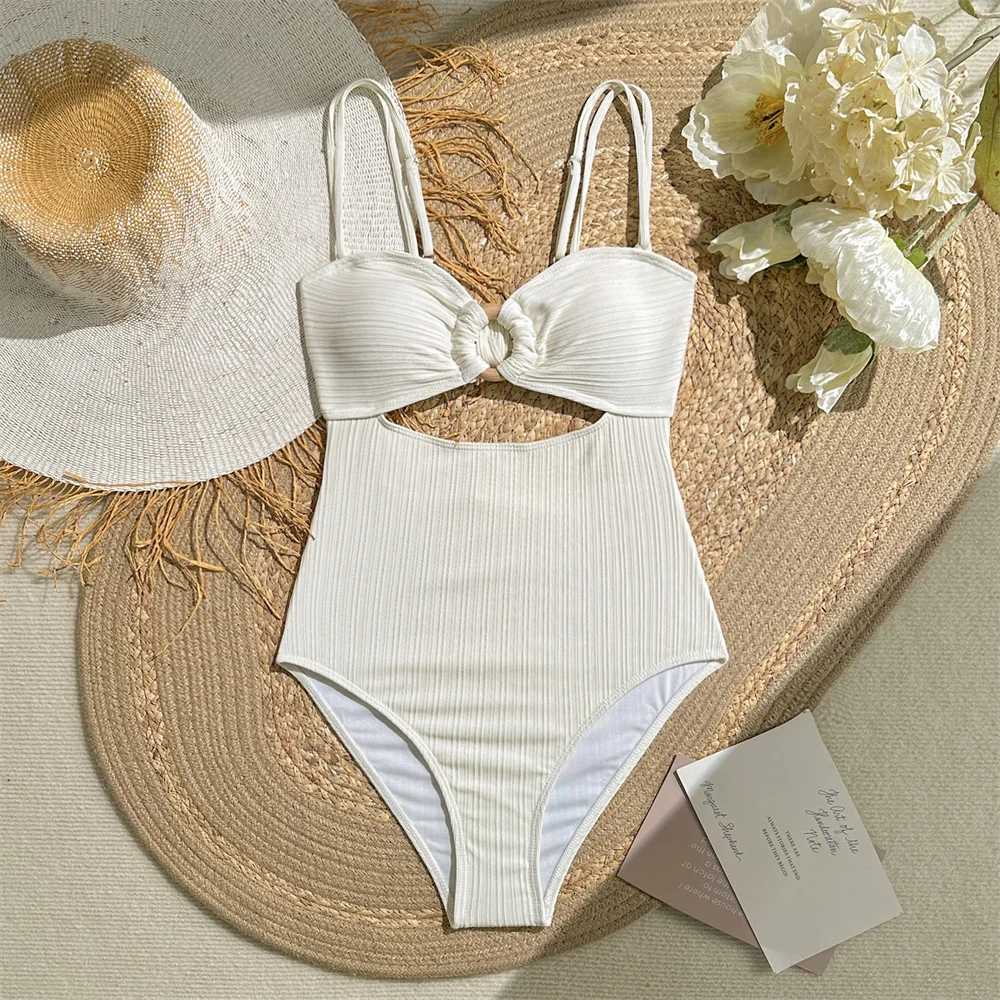Sexy évider Bikini pansement anneau Monokini femmes noué maillot de bain vacances maillots de bain côtelé plage tenue maillot de bain