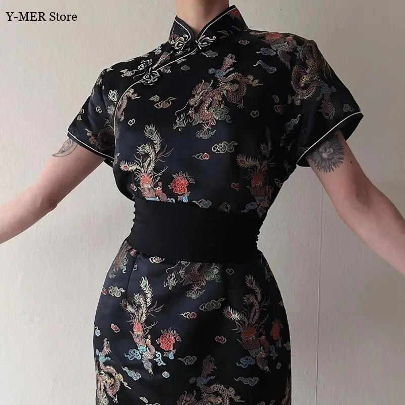 

Новое сексуальное платье в китайском стиле: короткое ципао с винтажным воротником-стойкой, женское атласное платье-ципао для лета, новая уличная мода