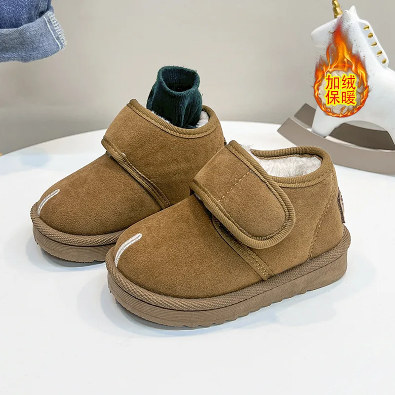 Kids'Snow Boots Solid Color PU Leather Fashion Winter Flat Shoes For Children Anti-slip Warm Black Khaki Shoes Size 17-32