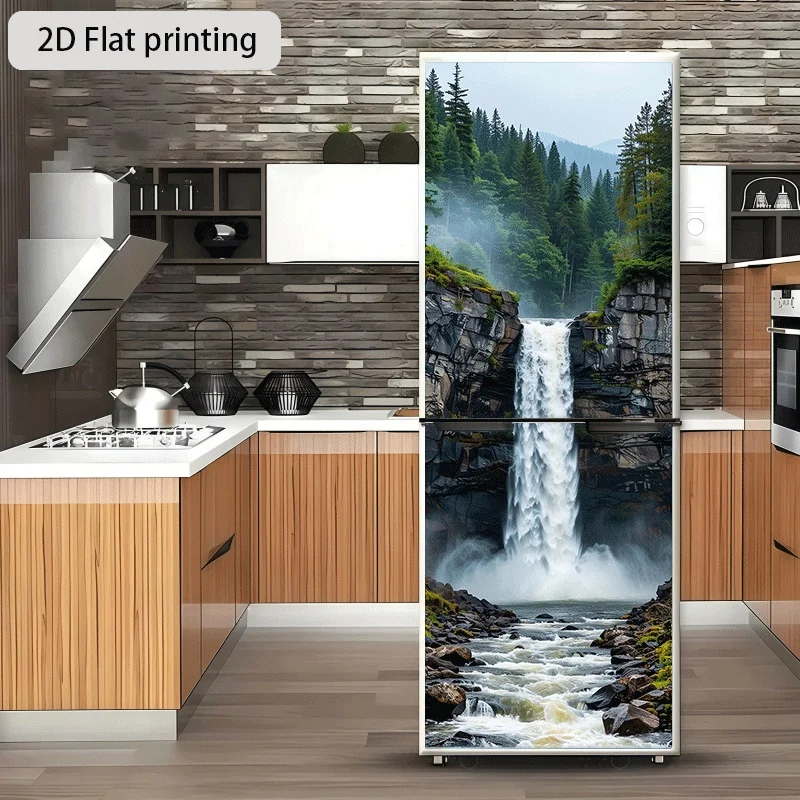 Refrigerator Sticker 23.62 X 70.87 inch Flying Waterfall Deep Greenery Theme Design Wall Decoration Self-Adhesive Suitable for