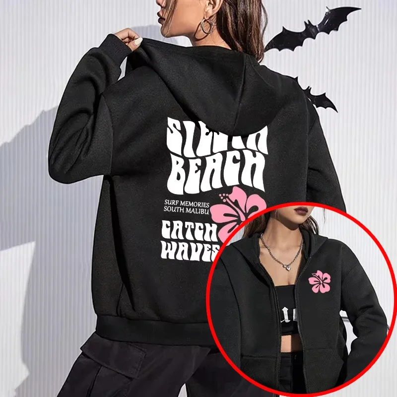 Flower Pattern Print Zipper Hoodies for Women Autumn Winter Casual Fashion Harajuku High Street Long Sleeve Fleece Sweatshirts