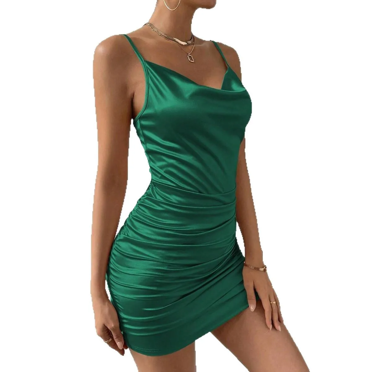 Sexy cetim halter mini vestido cross-border moda feminina com decote em v sem mangas império cintura saia curta primavera verão nova chegada