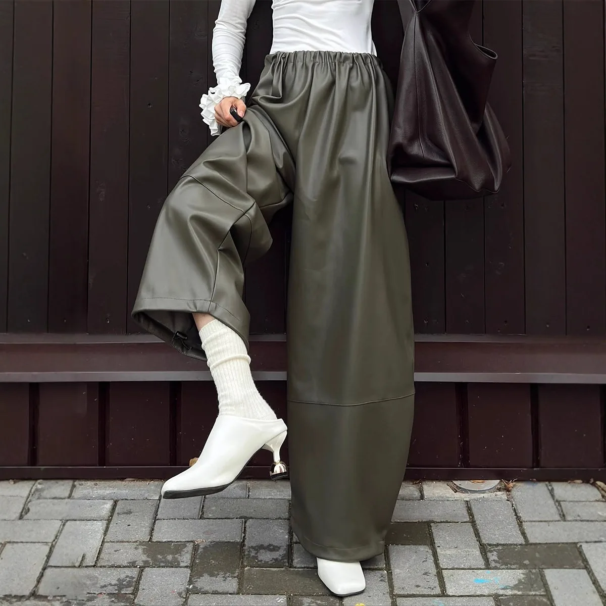 2025 Autumn Winter New Military Green PU Material Drawstring Cuff Wide Leg Pants Lantern Pants Casual Leather Pants Women