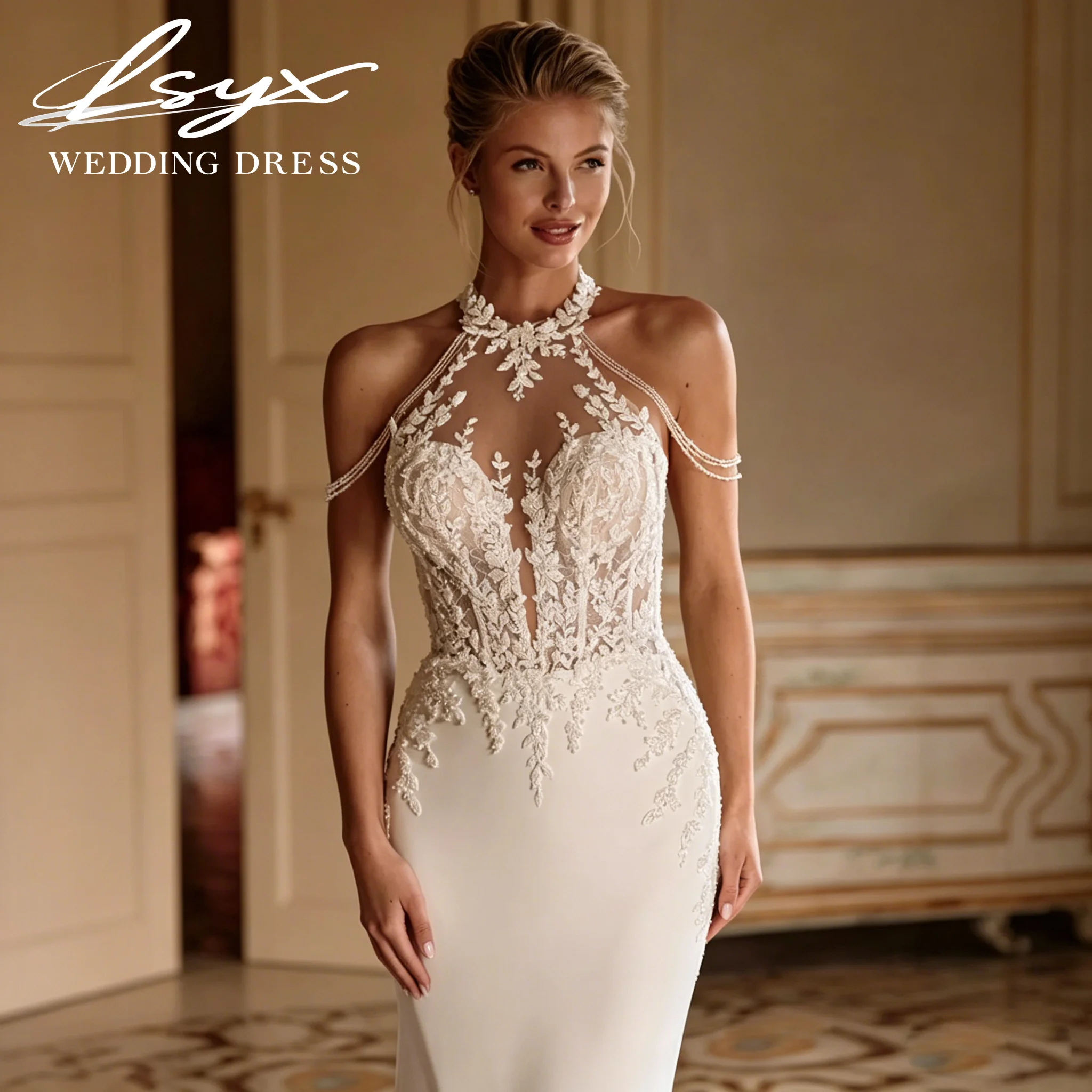 LSYX Halter Neck Mermaid Wedding Dress Lace Beaded with Chain Off Shoulder with Train Bridal Gown Vestido de Novia Customized