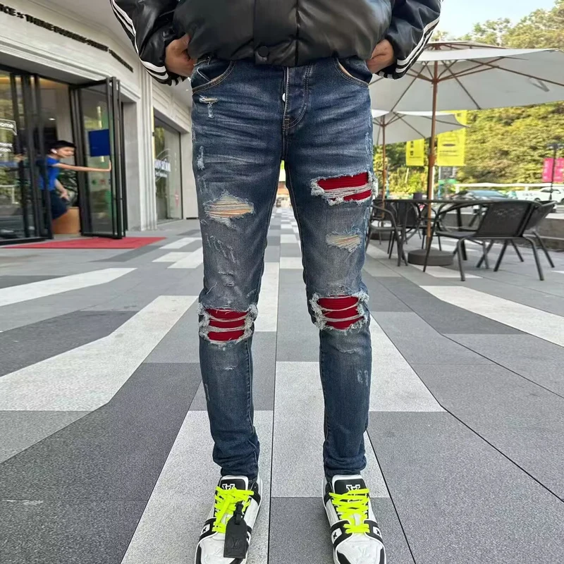 

Fashionable new men's jeans stretch slim fit washed retro blue ripped red patch jeans designer high street hip-hop brand pants h