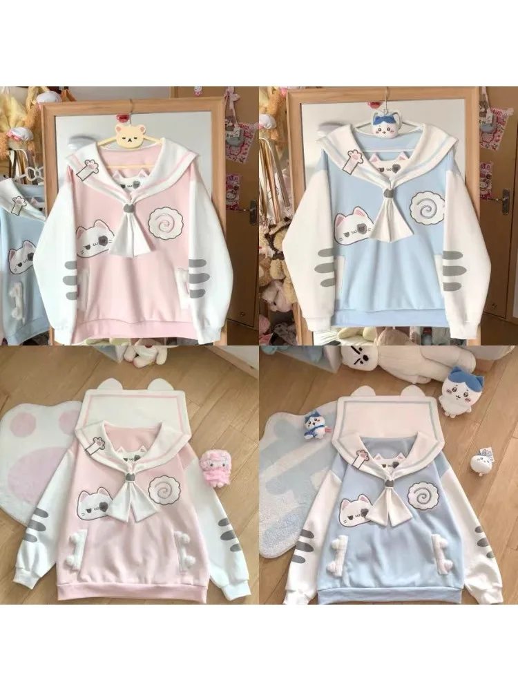 هوتشو Y2k الوردي Kawaii القط Juminocore النساء بلوزات الأزرق Cutecore بحار طوق النمط الياباني البلوفرات الحلو فضفاض Preppy