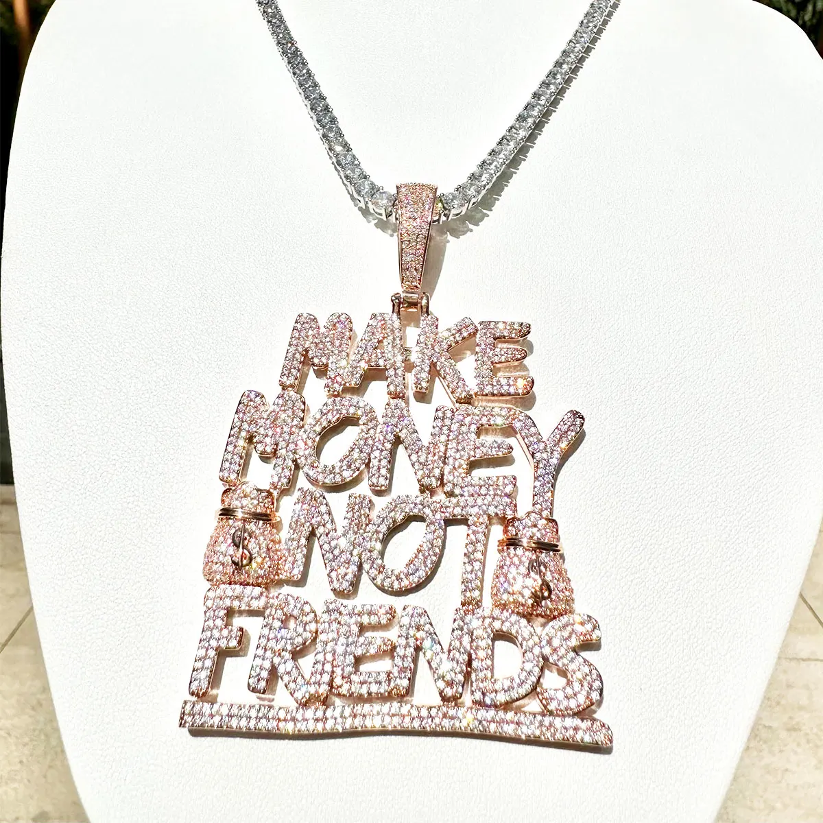 Jewelry Make Money Not Friends Pendant Prong Setting Cubic Zirconia Hip Hop Charms 2023 Trends