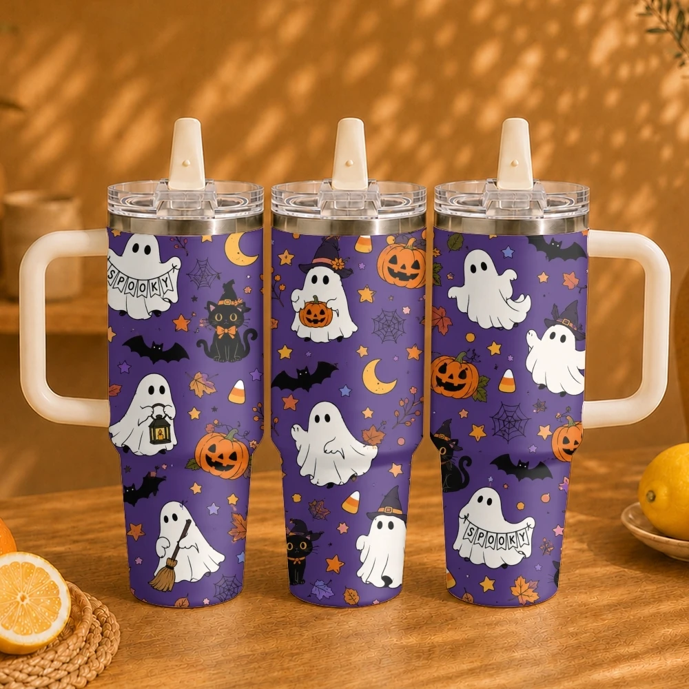 Cute Little Ghost Halloween Vacuum Flasks 40oz Thermal Tumbler with Handle Stainless Steel Vacuum Insulated Portable Mug Cup
