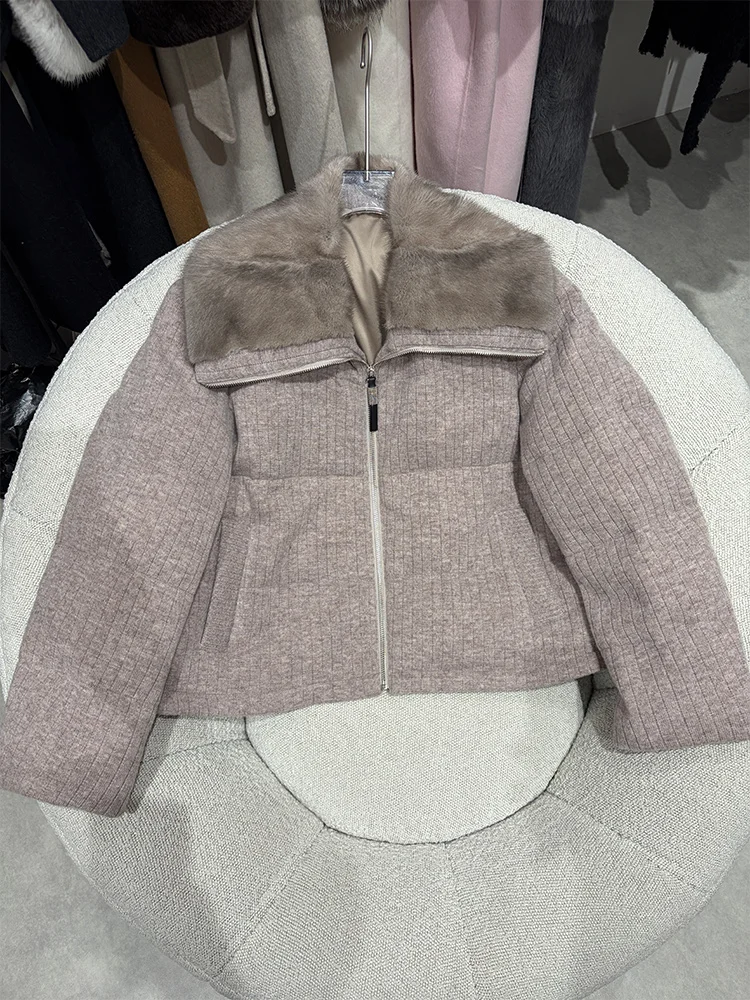 New Women Winter Warm Real Mink Fur Collar Goose Down Jacket Cashmere Wool Coat Thick Female Outwear Coat Puffer Jackets