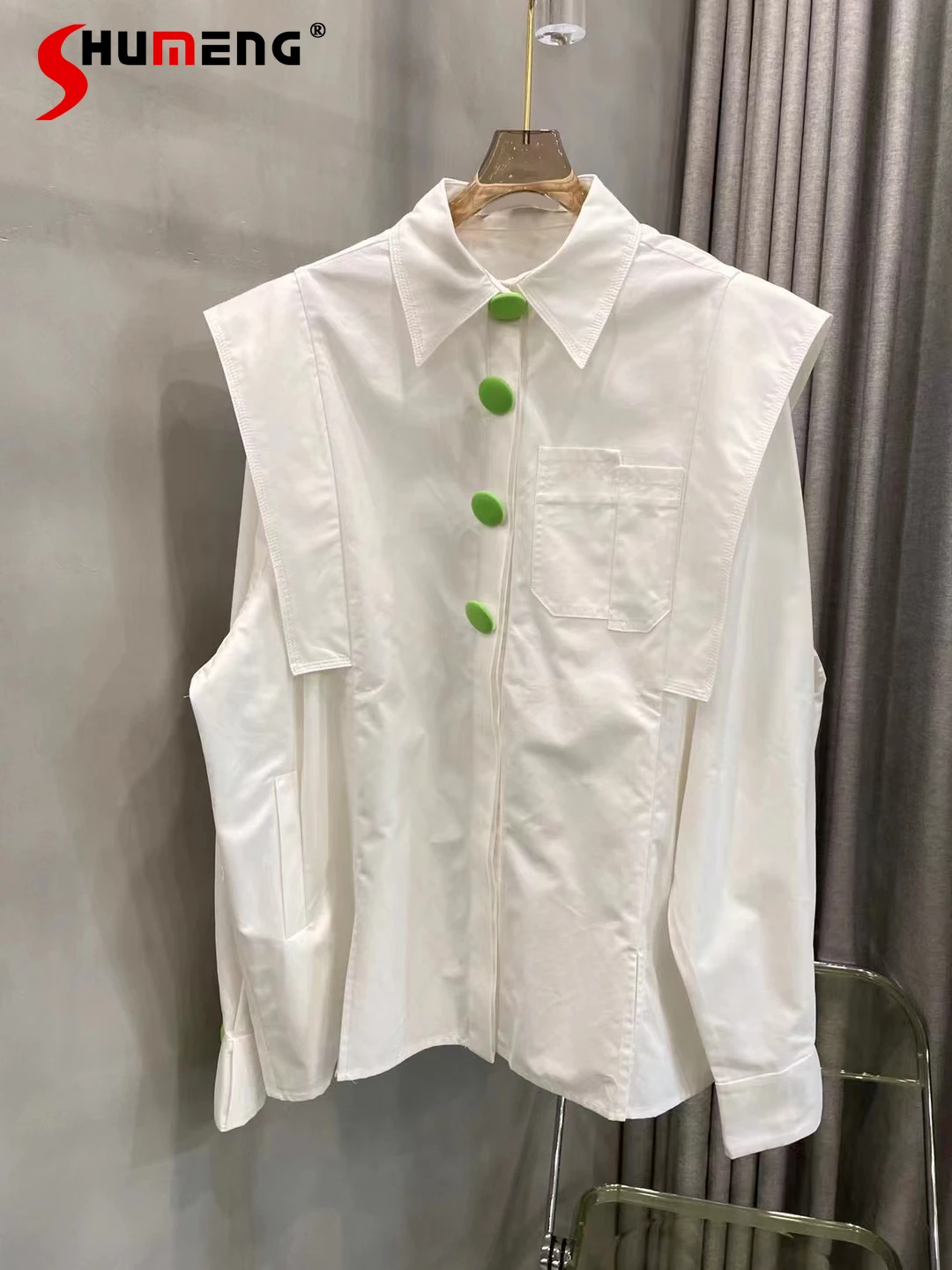 

European Station 2023 Spring Autumn Long Sleeve Blouse New Geometric Loose White Shirt Mid-Length Slim Fit Versatile Top