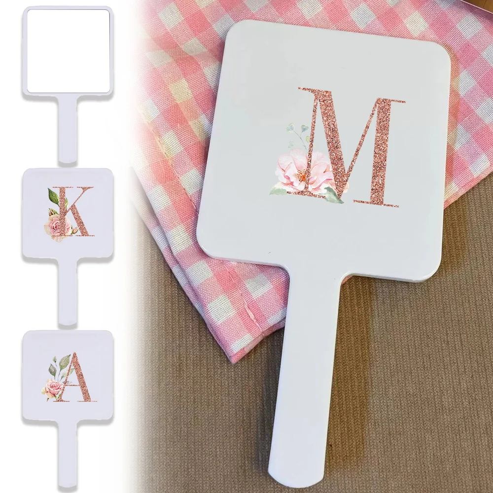 Square Cosmetic Mirror Portable Compact Short-Handled Makeup Mirrors Office Dormitory Dressing Mirror Rose Gold Letter Pattern