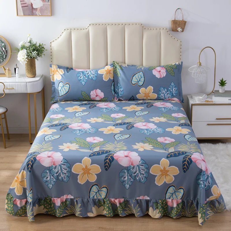 

Комплект простыней с тропическими листьями и цветочным принтом, простыня из 100% хлопка с ботаническим принтом и 2 наволочками, мягкие комплекты постельного белья размера Queen