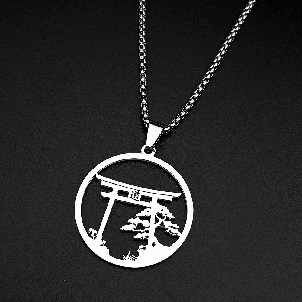 Bonsai-Kiefer-Torii-Tor-Wandkette für Damen und Herren, Edelstahl, silberfarben, japanischer Taoismus, Enso-Halskette, Schmuckzubehör – Detail 8