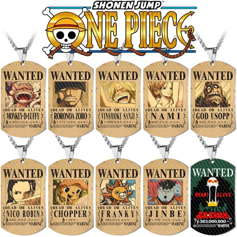 

Animation Peripheral One Piece Leather Poster Wanted Order Titanium Steel Color Printed Tag Necklace Ornament Collection Gifts