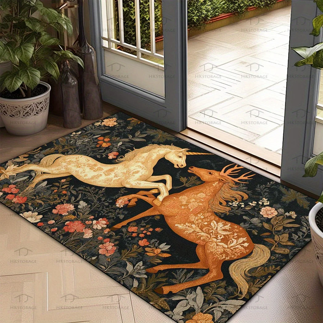 VIKAMA Vintage Animal Floor Mat Medieval Unicorn Deer Floral Art Pattern Anti‑Slip Washable Doormat Entryway Home Decor Rug - view 5
