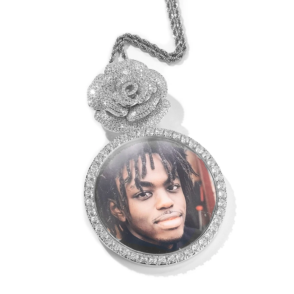 THE BLING KING Rose Flower clasp Oversize Large Round Custom Photo Pendant Engrave Name Iced Out CZ Hiphop Jewelry Memory Gift