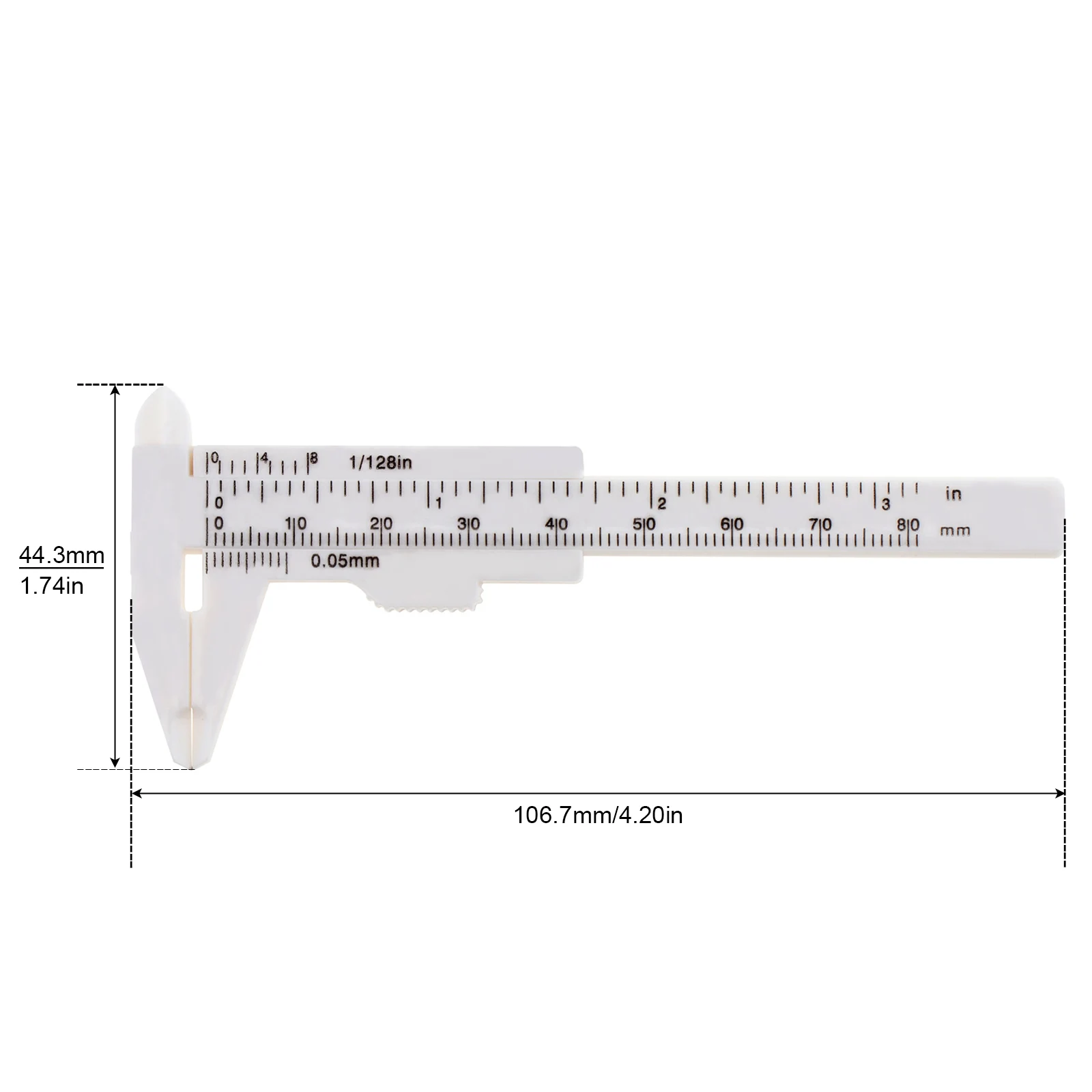 Calibro a corsoio in plastica bianca a doppia scala da 0-80 mm con mini strumento di misurazione bianco per studenti/misurazione antica