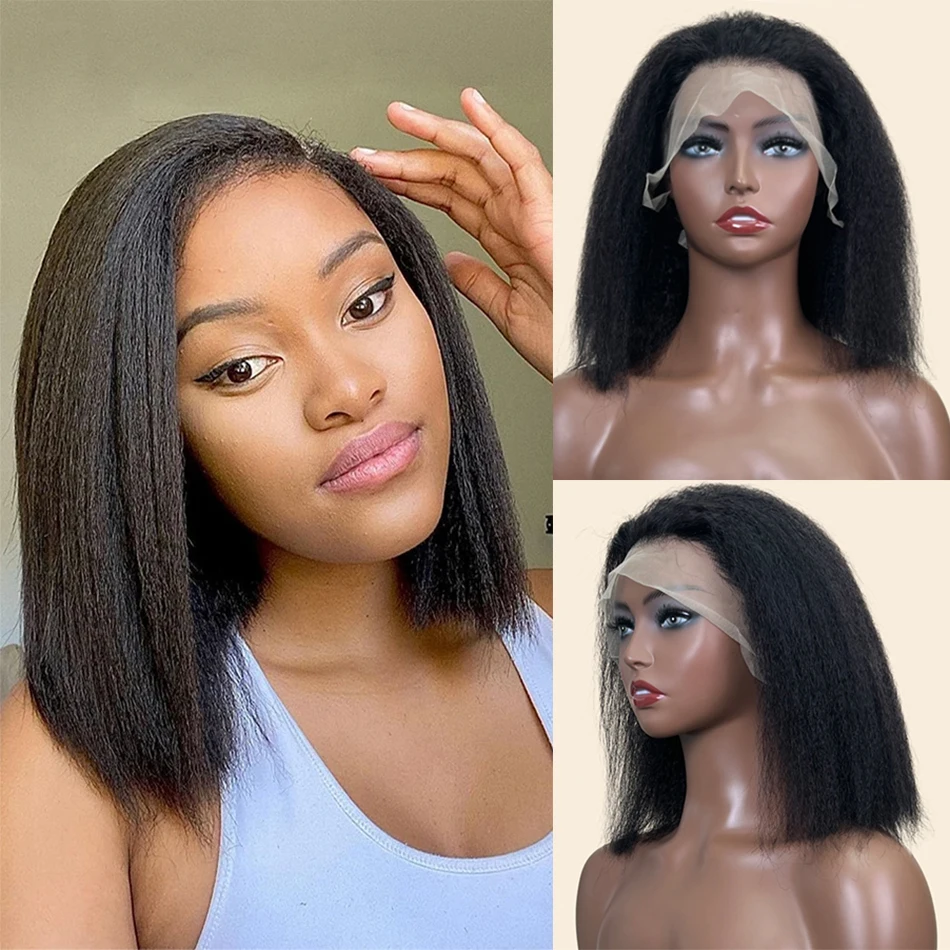 

Kinky Straight Bob Wigs Human Hair 13x4 HD Transparent Lace Frontal Wig For Black Women Yaki Straight Human Hair Wig Pre Plucked