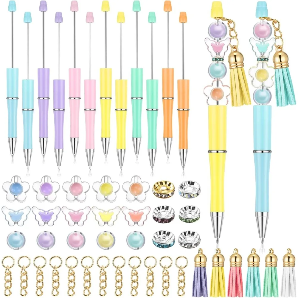 

18 шт. в школу, ручка из бисера «сделай сам», набор разноцветных шариковых ручек из пластиковых бусин с 144 бусинами-разделителями в виде цветка и бабочки, кисточка