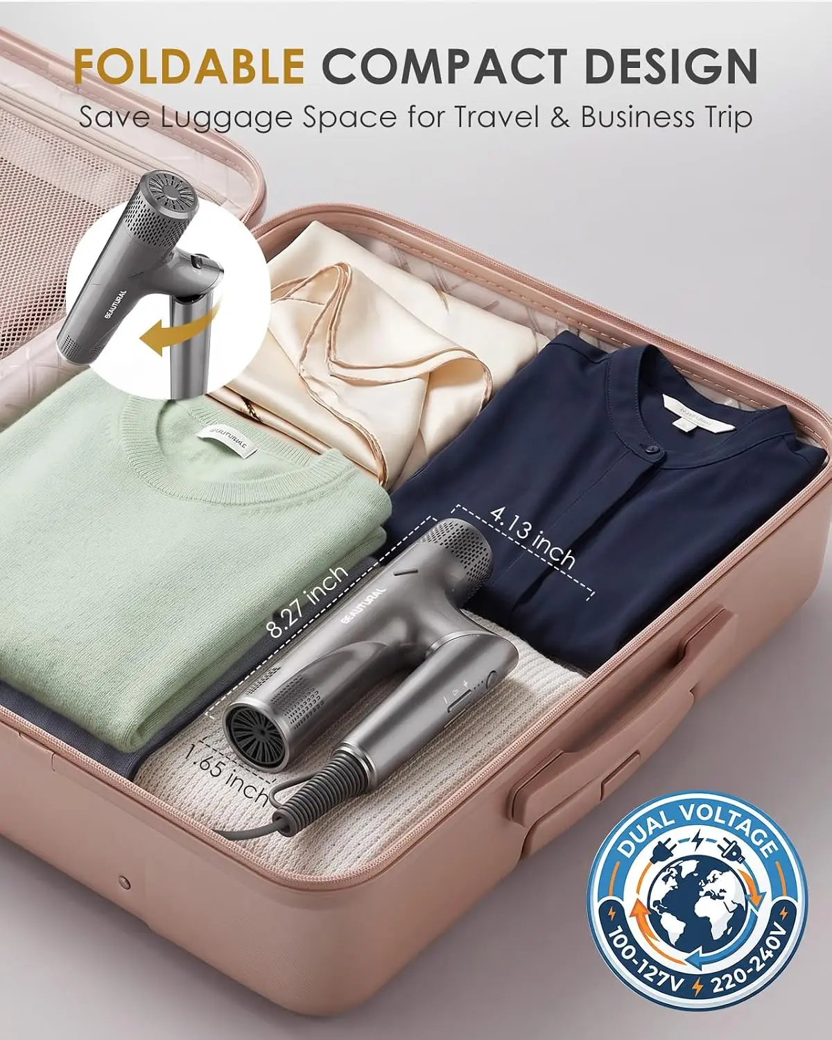 Travel Hair Dryer, Foldable High-Speed 1600W Dual Voltage, Gray - view 4