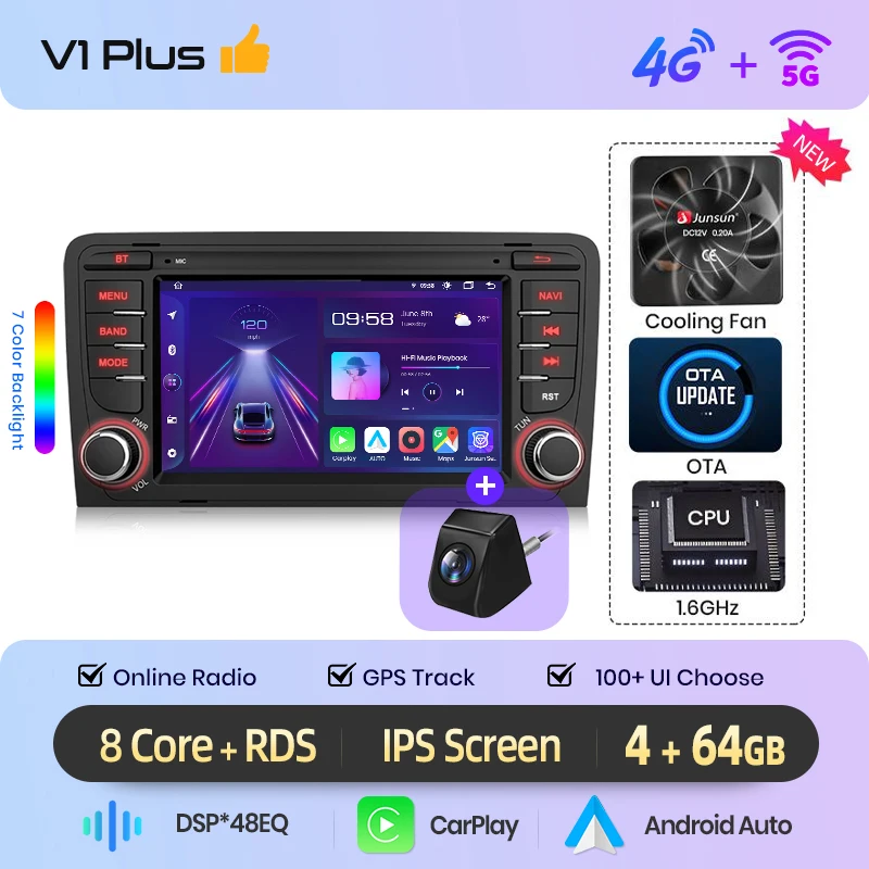 Junsun 7 inch Android autoradio voor Audi A3 8P S3 2003-2012 CarPlay Auto Multimedia Stereo Intelligent Systemen 4G GPS RDS DSP DAB+ 8-core speler