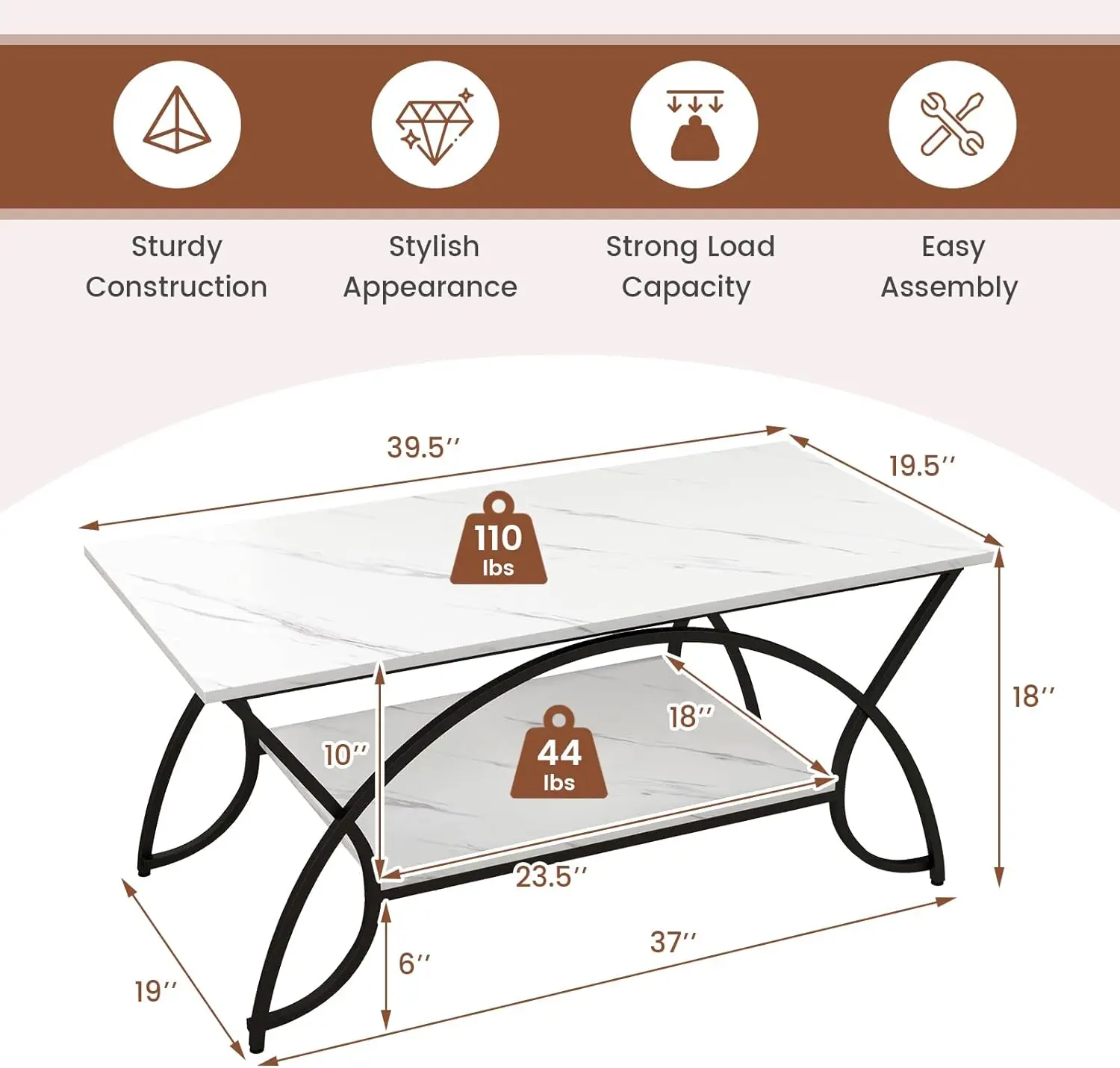 Mesa de centro Rectangular de 2 niveles, mármol de imitación con estante de almacenamiento abierto, marco de Metal terminado negro, centro moderno para sala de estar