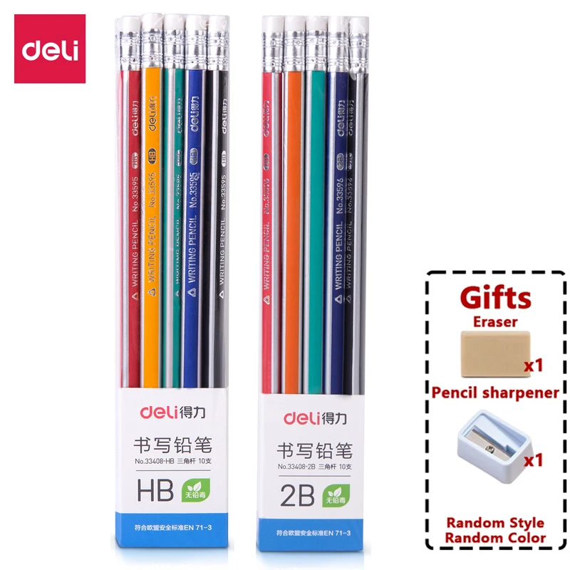 Deli pensil sederhana 2B bebas penghapus/rautan pensil Lead-Free pensil menulis kayu beracun alat tulis kantor sekolah 10 pcs/set