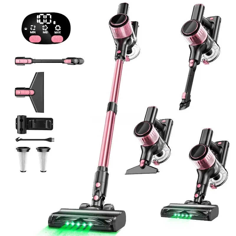 Pink Cordless Vacuum Cleaner, Anti-Tangle, LED Display, 3 Modes Suction, Green LED, Lightweight Stick Vacuum
