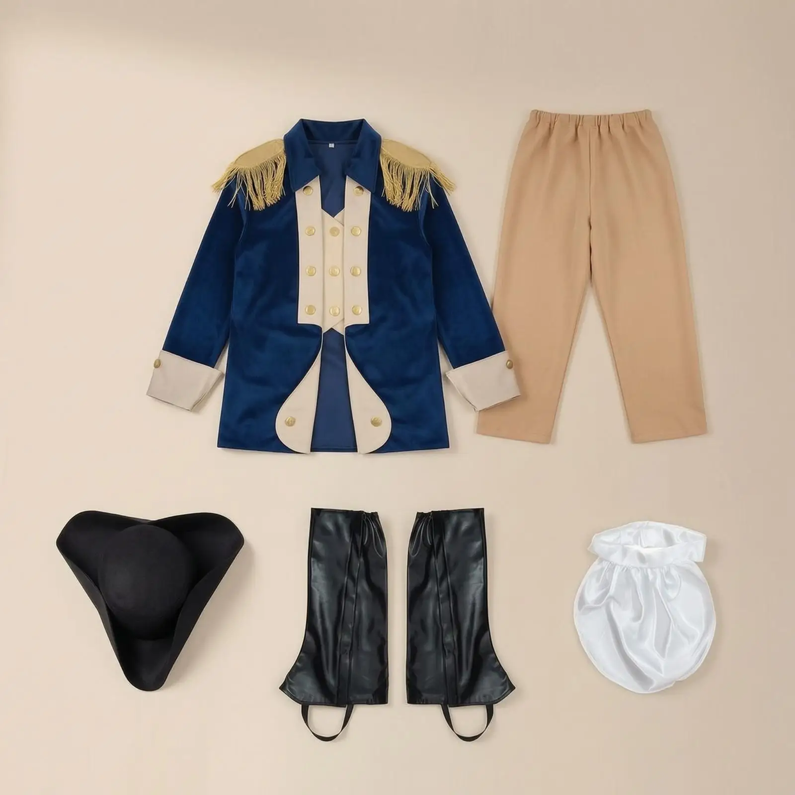 Colonial Costume with Boot Covers Gold-Trimmed Costume with Hat Patriotic Historical Outfit with Jacket and Pants for Kids,
