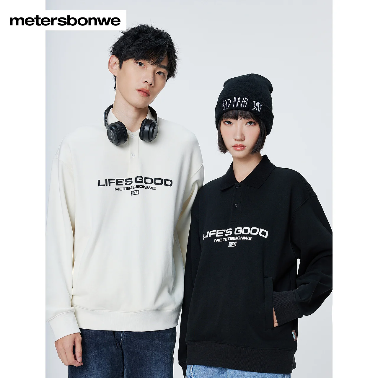 Metersbonwe-Men Women's Lapel Front Chest Print Knitted Jumper Loose Classic Polo Collar Hoodie Preppy Campus Casual Winter