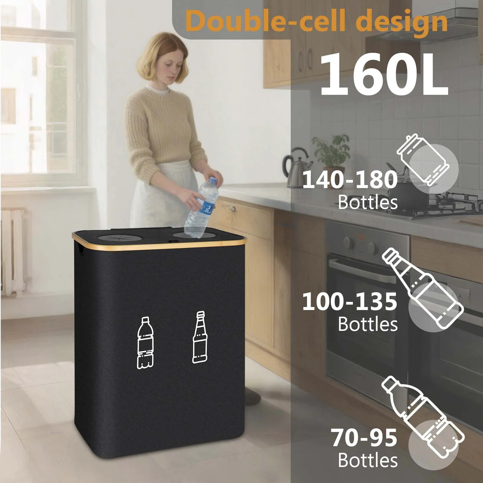 160L/105L Großer Leergut-Aufbewahrungskorb mit Innentaschen, Abwasserflaschen-Sammelbeutel, Faltbarer Recycling-Behälter, Recyclebarer Flaschen-Organizer, Mülleimer – Detail 15