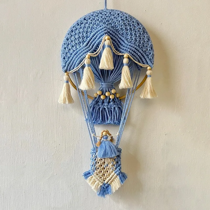 Bohemian Handwoven Macrame Wall Hanging Tapestry with Hot Air Balloon Design for Living Room Bedroom Decorative Background Art