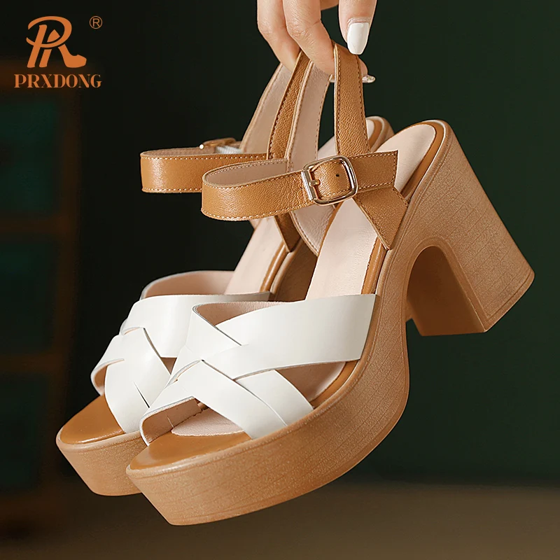 PRXDONG Genuine Leather Shoes Woman Sandals Chunky High Heels Platform Summer Shoes Brown Beige Dress Party Casual Lady 334-39