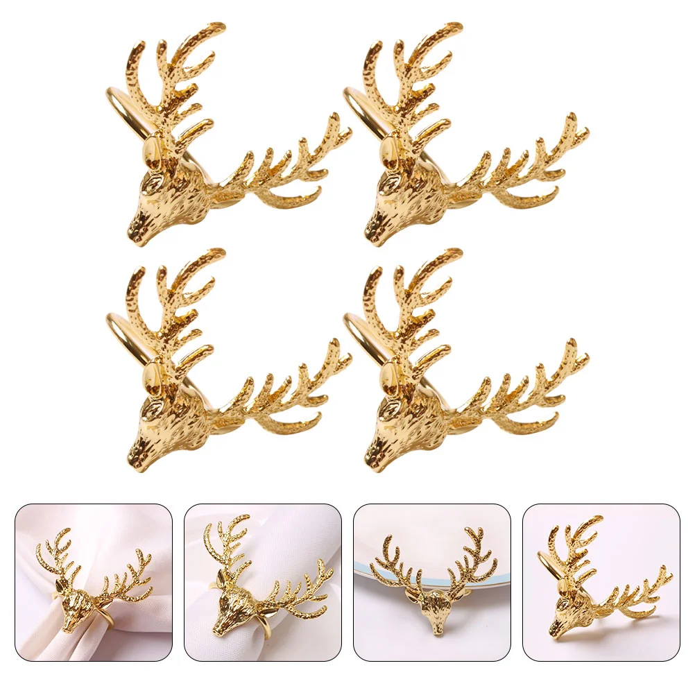 

4 Pcs Napkin Rings Deer Head Elk Buckles Table Decors Metal Golden Holders Dinner Party