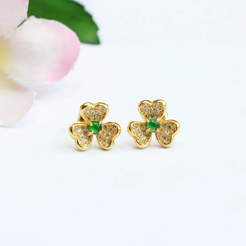 

S925 Silver Clover A-Grade Jade Stud Earrings Natural Gemstone Lucky Charm Hook