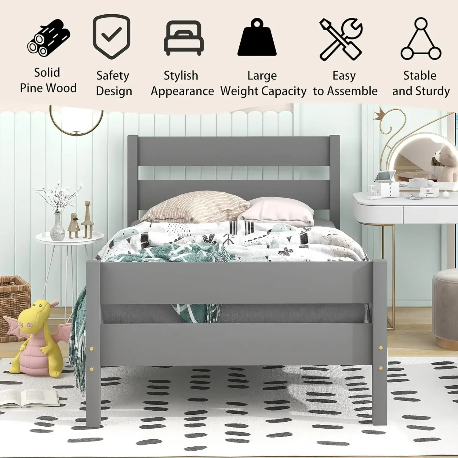 Twin Bed Frame,Wood Twin Size Platform Bed Frames with Headboard for Boy Girl Kids,No Box Spring Needed (Grey)