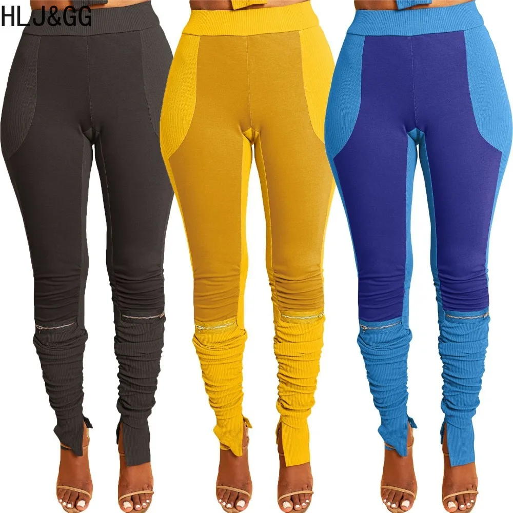 

HLJ&GG Casual Color Splicing Ribber Slit Stacked Pants Women High Waisted Zipper Design Trousers Female Matching Sporty Bottoms