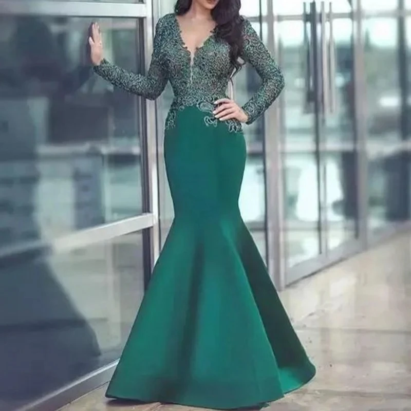 

Flora Dress Green Satin Evening Dresses Mermaid Lace Long Sleeves V-neck Dubai Saudi Arabic Elegant Long Formal Prom Gown 2023