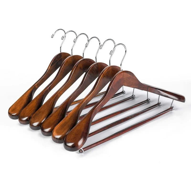 

Luxury Wide Shoulder Wooden Hangers 6 Pack, with Locking Bar, Smooth Retro Finish Wood Suit Hanger Coat Hanger for Closet