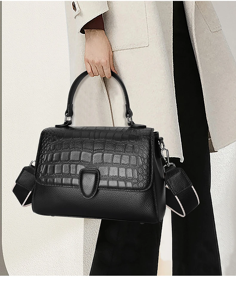 Damenhandtasche aus echtem Rindsleder, Schwarz, Einzelschulter- und Umhängetasche mit Schultergurt, Messenger-Tasche mit Steinmuster – Detail 2