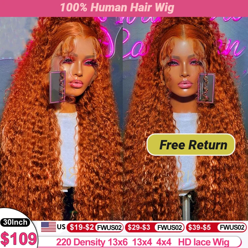 Swupod 13x4 13x6 220% Density Transparent HD Lace Front Wig for Women Deep Wave Remy Human Hair Ginger Orange 350# Loose Curly