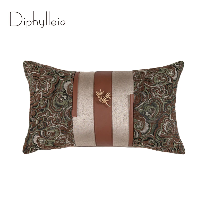 Diphylleia Brown And Green Paisley Jacquard Lumbar Pillow With Metallic Gold Bamboo-Shaped Ornament Luxury Cushion Case 30x50cm