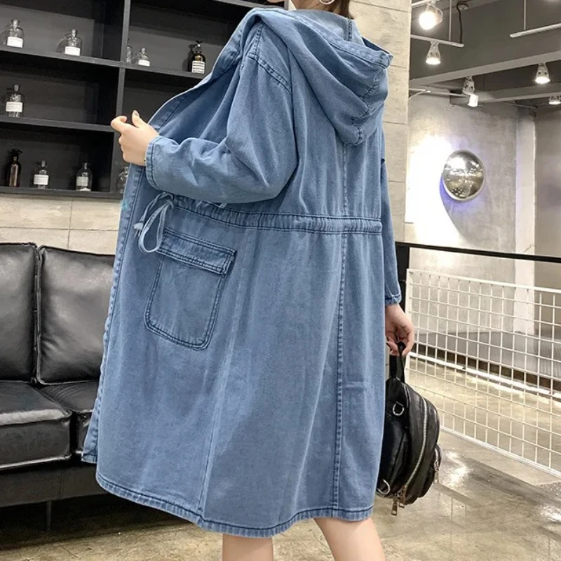 

Women Denim Windbreaker Coat Hooded Cardigan Jacket Pockets Washed Y2k High Waist Outerwear 2025 Autumn Streetwear Overcoat