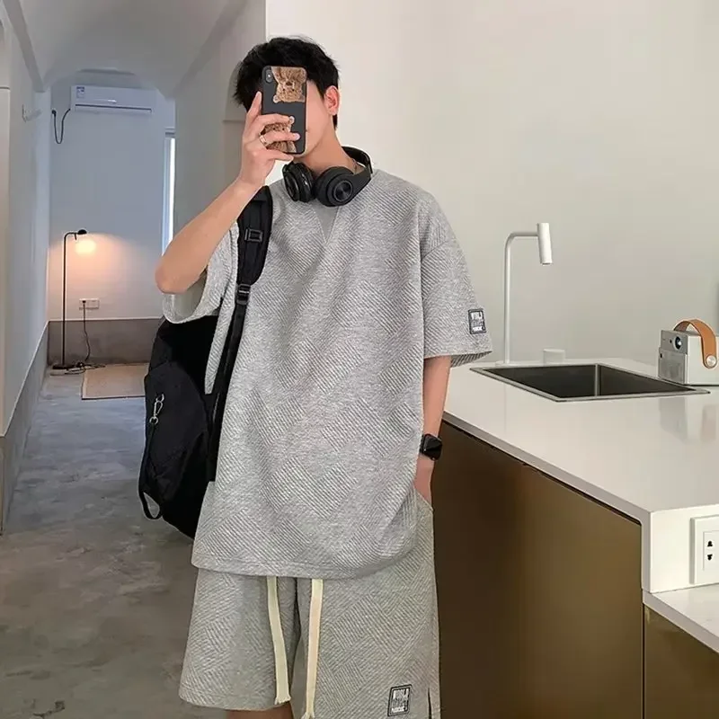 2025 New Summer Men's Tracksuit Waffle Fabric Breathable Casual T-Shirt and Shorts Fashion Half Sleeve Two Piece Set for Unisex