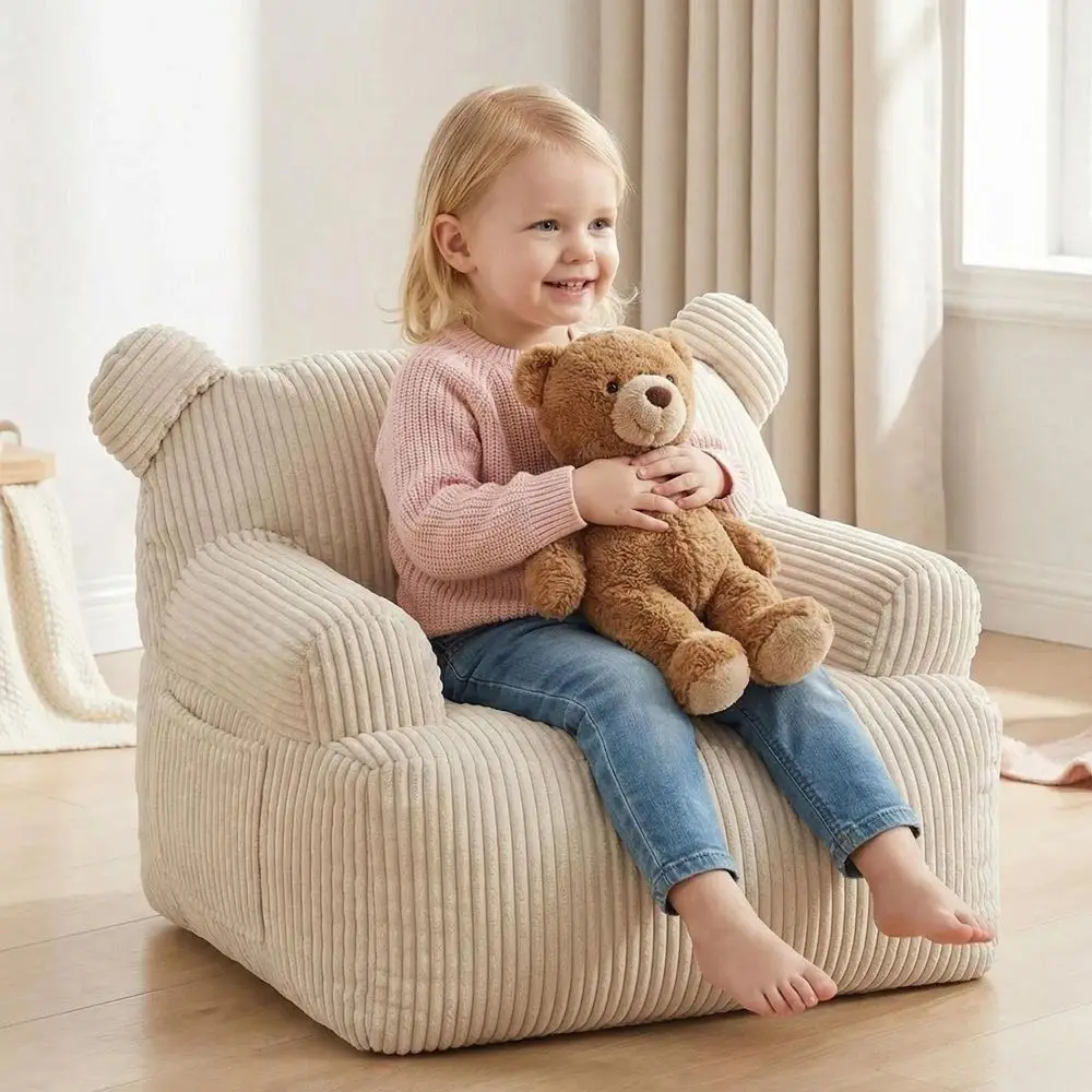 Corduroy Bear Chair, Soft Toddler Armchair with Side Pockets, Cute Plush Bear Ears Kids Sofa for Playroom, Bedroom, Nursery, Com