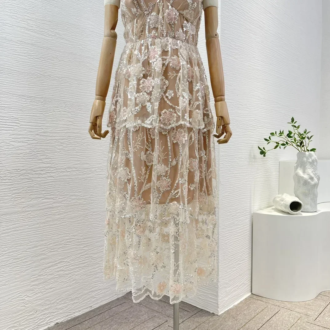 New Nude Floral Embroidery Shining Sequined Sleeveless V-neck Stacked Ruched Women Midi Dress