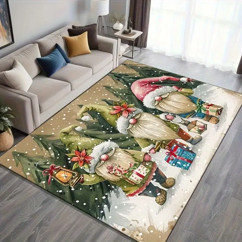 VIKAMA Santa Hugging Puppies Christmas Rug for Living Room Bedroom, Durable Machine Washable Pet Xmas Floor Carpet Home Decor